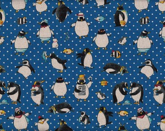 17,90 Eur/m Japan Stoff Baumwolle Leinen Canvas Cosmo Meterware 50cm x 110cm Pinguine dunkelblau R1120d