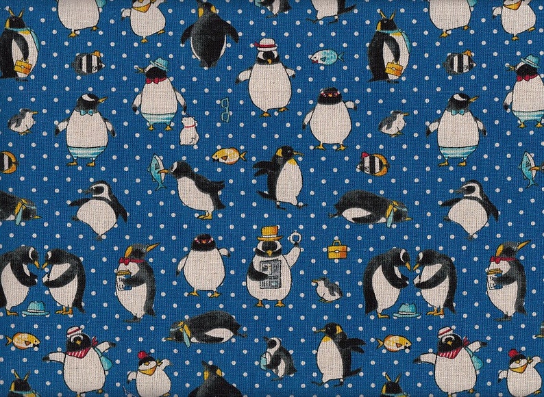 17.90 Eur/Meter Japan Fabric Cotton Linen Canvas Cosmo Meterware 50cm x 110cm Penguins Dark Blue R1120d image 1
