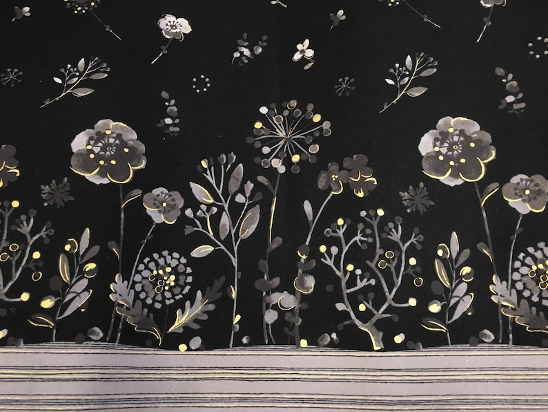 May include: A black floral pattern with grey and yellow stylized flowers and foliage. The design includes a border of horizontal stripes at the bottom. The overall aesthetic is elegant and botanical.