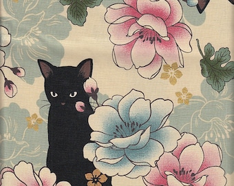 22.90 EUR/meter Japanese fabric, cotton quilt gate, 50 cm x 110 cm, cats & flowers, white, Q642a
