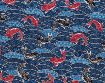 19,90 Eur/mètre tissus traditionnels japonais coton au mètre 50 cm x 110 cm Wagara Koi bleu C3525c