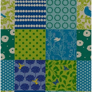 May include: A patchwork fabric design with squares of blue, green, and cream patterns. Designs include polka dots, floral motifs, tree and bird illustrations, and geometric shapes. The overall aesthetic is whimsical and nature-inspired, with a fresh, vibrant feel.