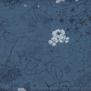 Peut inclure: Gros plan sur un tissu bleu avec un motif floral. Le motif présente de grandes fleurs et feuilles stylisées en gris foncé et blanc, créant un contraste avec le fond bleu. Le tissu a un aspect texturé.