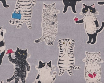 28,00 Eur/meter Oilcloth Laminated Japanese fabric Cotton Linen 50 cm x 110 cm Miyako - Cats grey UQ707d