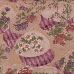 May include: A floral pattern with fan-shaped motifs, showcasing diverse flowers like daisies, chrysanthemums, and peonies. The design uses pink, burgundy, and beige hues, with a textured finish. The pattern is reminiscent of traditional Japanese art.