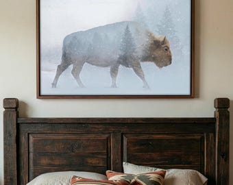 Double Exposure Bison Canvas Print - Rustic Western Wall Art