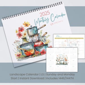 2025 Monthly Calendar with Hijri Calendar | Pots and Flowers | LS | Sun & Mon Starts | 1 Page Landscape | Planner Insert | Instant Download