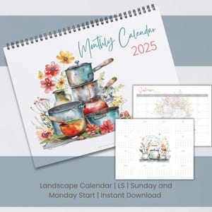 Puede incluir: Un calendario mensual imprimible de 2025 con una ilustración de acuarela de ollas apiladas y flores. El calendario está orientado horizontalmente y comienza un domingo. El texto "Calendario mensual 2025" está en la parte superior de la página.