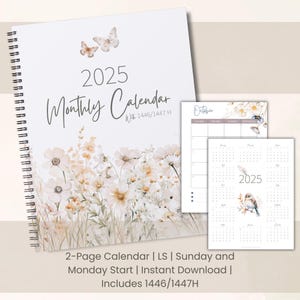 2025 Monthly Calendar w/ 1446/1447 Hijri Calendar| Woodland Flowers | Sun & Mon Starts | 2 Page | Digital Planner Insert | Instant Download