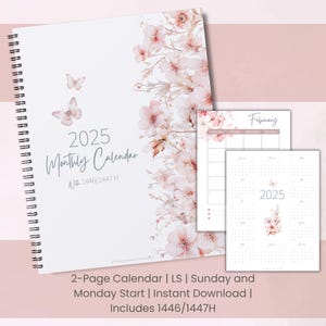 2025 Monthly Calendar w/ 1446/1447 Hijri Calendar| Pink Flowers | Sun & Mon Starts | 2 Page | Digital Planner Insert | Instant Download