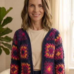 Könnte beinhalten: Eine langärmelige Strickjacke aus gehäkelten Granny Squares in einer dunkelblauen Grundfarbe mit lebhaften Akzenten in Magenta, leuchtendem Pink und Goldorange. Das Kleidungsstück hat ein offenes Vorderteil mit V-Ausschnitt.
