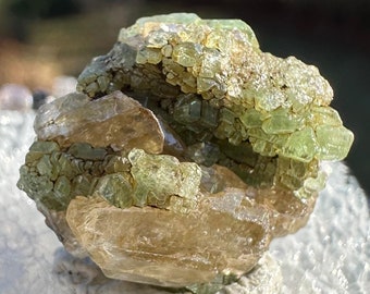 May include: A cluster of green and brown crystals on a white and black display stand. The crystals are arranged in a random pattern and have a rough, natural texture.
