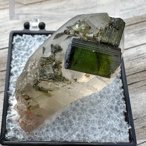 May include: A clear quartz crystal with green tourmaline inclusions. The crystal is displayed in a black and white display box.