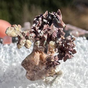 May include: A small, delicate cluster of pink and gray crystals on a white background. The crystals are arranged in a random, organic pattern, creating a unique and interesting display.