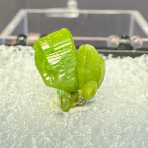 May include: A vibrant, lime-green crystal cluster is displayed in a small, black, hinged display case. The crystal is set against a white, textured background. The case is clear-topped, allowing for optimal viewing of the mineral specimen.