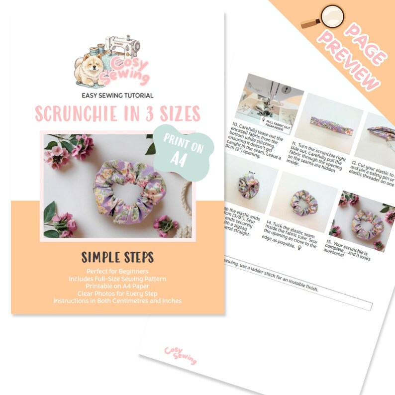 Puede incluir: Tutorial de costura "Scrunchie en 3 tallas" con un scrunchie floral e instrucciones paso a paso. El tutorial incluye un patr&oacute;n de costura a tama&ntilde;o completo, imprimible en papel A4, con fotos claras e instrucciones en cent&iacute;metros y pulgadas.