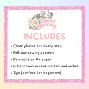 Puede incluir: Ilustraci&oacute;n digital con borde rosa que presenta una m&aacute;quina de coser, carretes de hilo y un perro. El texto incluye "Cosy Sewing" y "INCLUYE: Fotos claras, patr&oacute;n a tama&ntilde;o real, imprimible en papel A4, instrucciones en cent&iacute;metros y pulgadas."