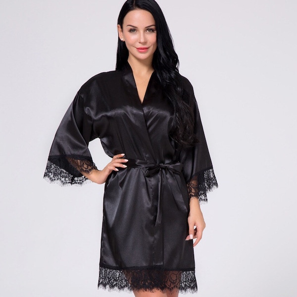 Black Bridesmaid Robes, Black Satin Robes, Black Lace Robes, Bridesmaid Gift, Wedding Robes, Bridal Party Robe, Black Bride Robe, Satin Lace