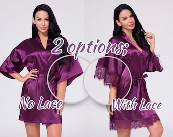 Purple Bridesmaid Robes, Purple Wedding Robes, Purple Bridal party Robes, Satin Lace Robes,Wedding Dressing Gown, Robes with Lace