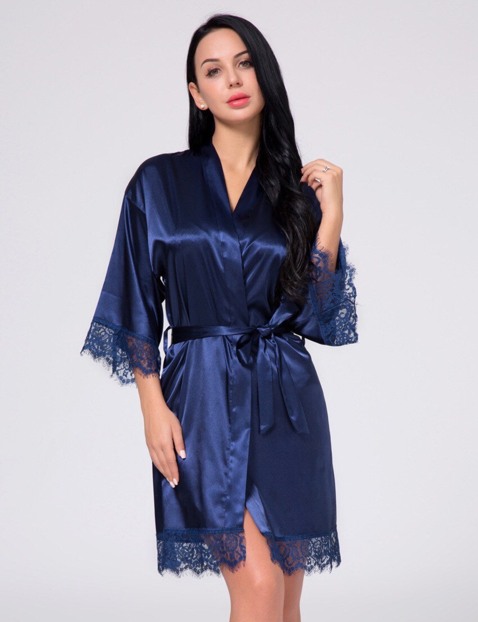 Navy Blue Bridesmaid Robes Navy Blue Satin Robes Navy Lace Etsy