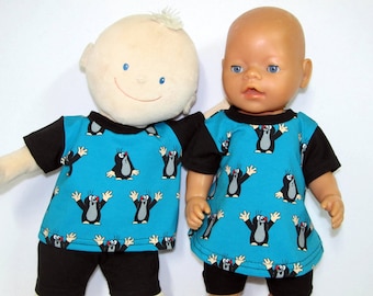 2 pcs. T-shirt or tunic set "The Little Mole - Hipp Hipp Hooray" size. 43 doll clothes fabric & love