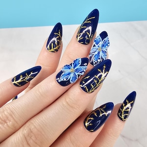 Dark Blue Nails with Gold Vines and 3D Flower