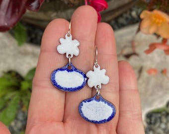 Raindrop and cloud earrings / blue and white glass / whimsical enamel art / sterling silver - Alaska studio