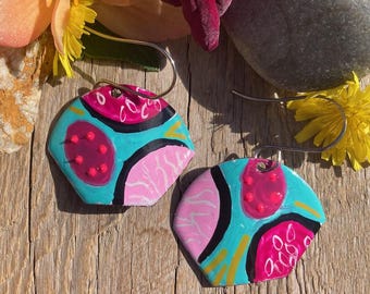 Bright colorful folk art earrings / hand-cut shape / pink black aquamarine / painted by hand  - Alaska art studio