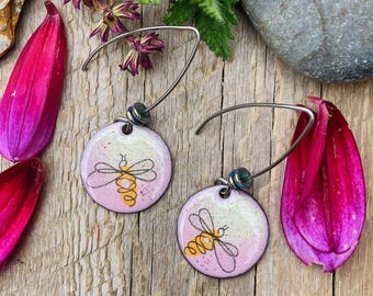 Bees make the world go round / bee earrings / pink and cream glass / enamel - Alaska art studio