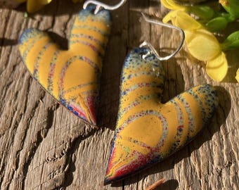 Modern line design heart earrings / yellow lines / enamel / colorful earrings / sterling silver / fun jewelry