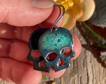 Opalescent green skull earrings / enamel skulls / spooky season / Halloween - Alaska art studio