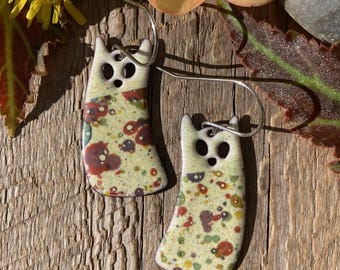 Polka dot paint spatter cat earrings / kitty cats / enamel / whimsical fun jewelry - Alaska art studio
