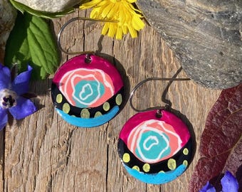 Folk art floral earrings / bright colorful wearable art / painted glass flowers - Alaska studio