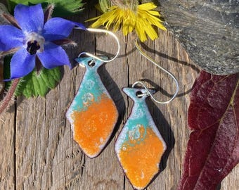 Fun little halibut earrings / orange and seafoam green / fish / sterling silver - Alaska art studio