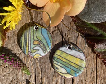 Topographic wild woman earrings / topo map design / outdoors / enamel - Alaska art studio