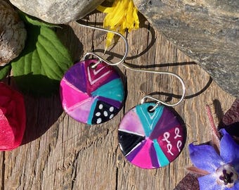 Folk art quilt block earrings / small brightly colored earrings / painted glass - Alaska art studio