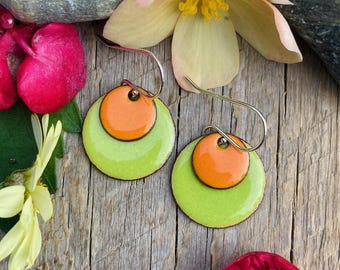 Double drop rainbow earrings / orange and green glass / colorful enamel earrings - Alaska art studio
