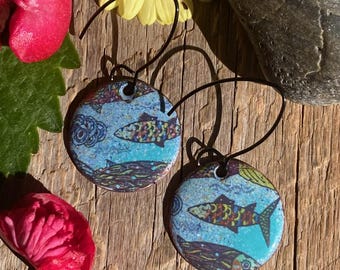 Blue ocean fish earrings / whimsical fish design / blue glass enamel - Alaska art studio