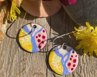 Folk art tree earrings / bright colorful prints and pattern / floral design / painted glass - Alaska art studio