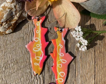 Fun and bright painted salmon earrings / fish / enamel / handmade / sterling silver - Alaska studio