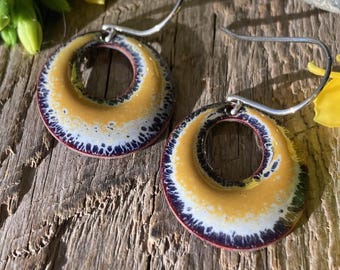 Rich yellow hoop earrings / enamel / white yellow / lightweight hoops / colorful jewelry / Alaska studio