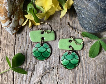 Evergreen forest mermaid earrings / green glass mermaids / enamel / one of a kind / niobium ear wires