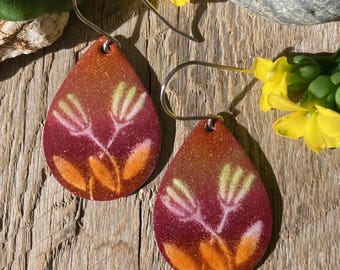 Teardrop Scandinavian tulips / spring tulip earrings / orange yellow enamel / floral design