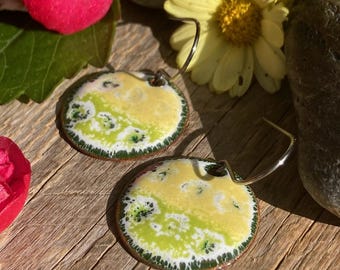 Lemon yellow and green earrings / medium circle earrings / colorful enamel - Alaska art studio