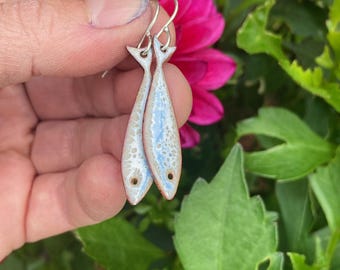 Icy blue little fish earrings / whimsical fish design / enamel / sterling silver - Alaska art studio