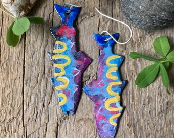 Whimsical rainbow salmon / painted glass / fish earrings / dream salmon - Alaska studio