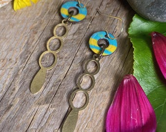 Rainbow circle earrings / brass dangles / lightweight enamel earrings / blue glass / fun and funky - Alaska studio
