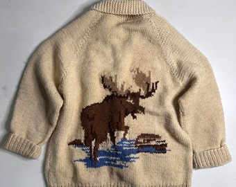 100% Wool Cowichan Siwash Mary Maxim Style Curling Sweater Moose