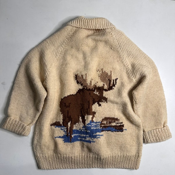 100% Wool Cowichan Siwash Mary Maxim Style Curling Sweater Moose
