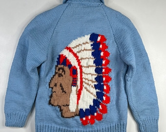 Vintage Hand Knit 100% Wool Cowichan Siwash Sweater Chief Design (1818)